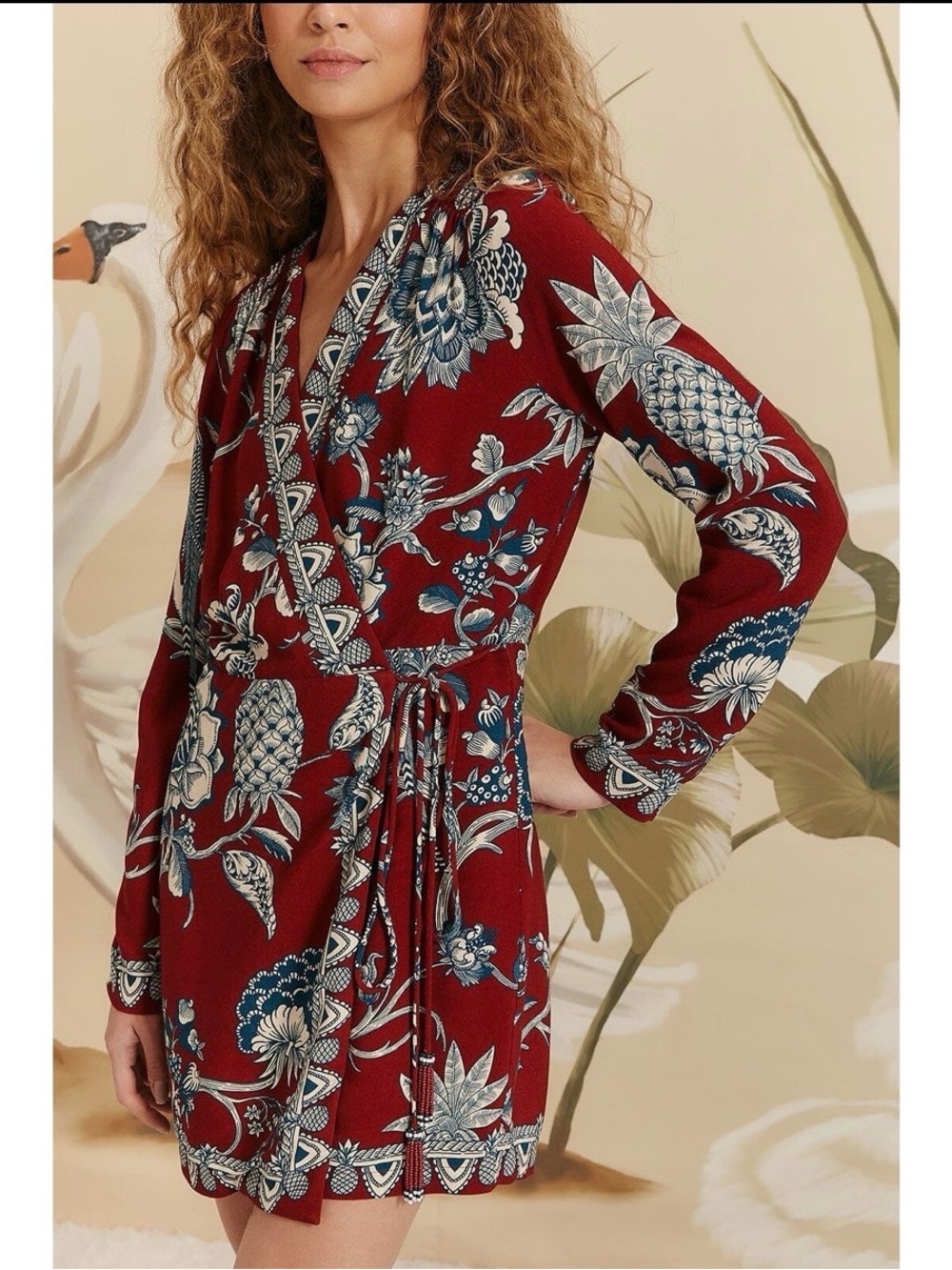 FARM Rio Crimson Floral Wrap Dress with Teal & Cream Accents Size XS - Picture 3 of 6